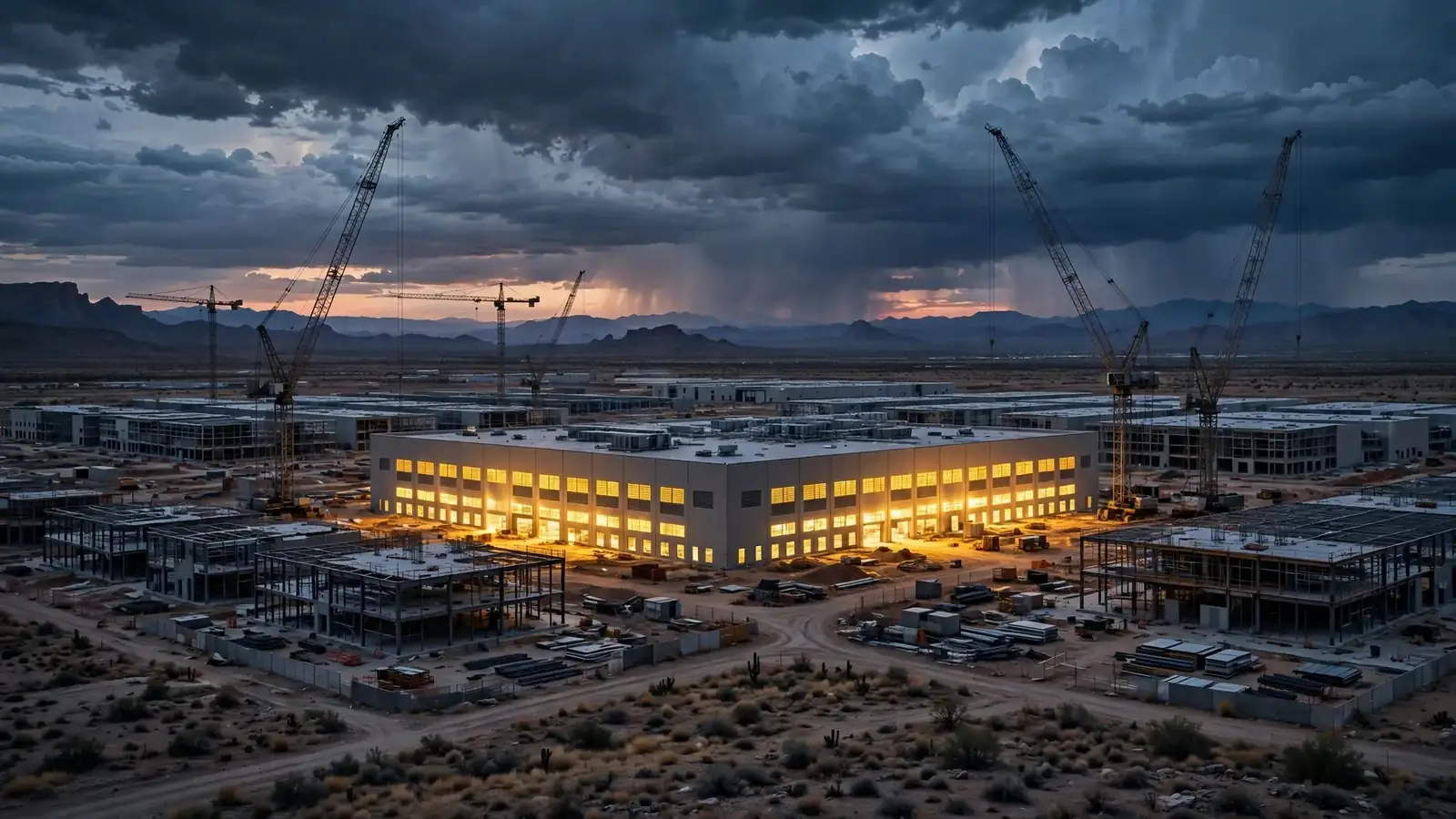A data center campus under construction in the New Mexico desert at dusk, with cranes and a glowing half-finished server hall under stormy skies