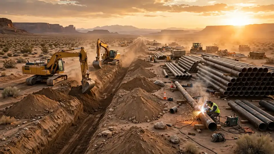 Natural gas pipeline under construction in the desert, with excavators digging a trench and stacked steel pipes