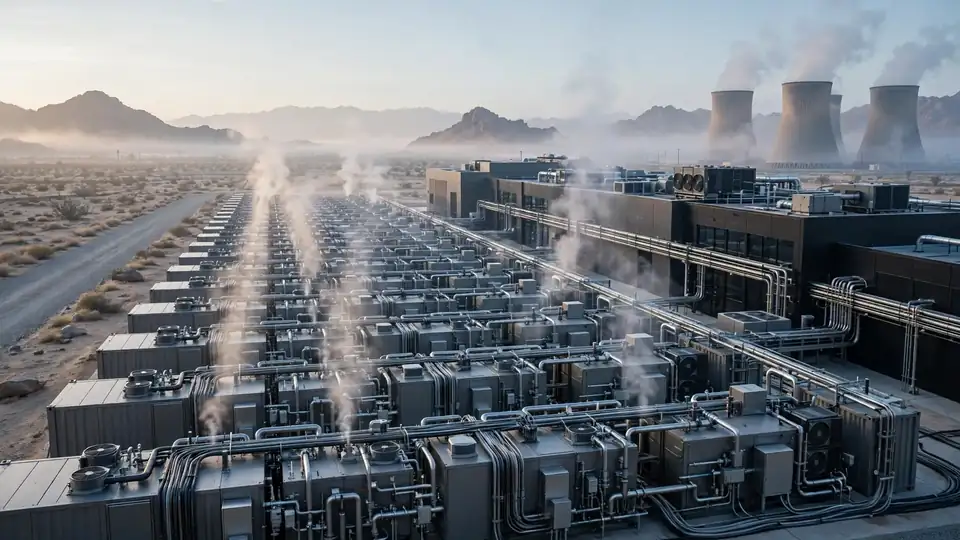 Rows of industrial power units and fuel-cell infrastructure beside a data center in the desert at dawn