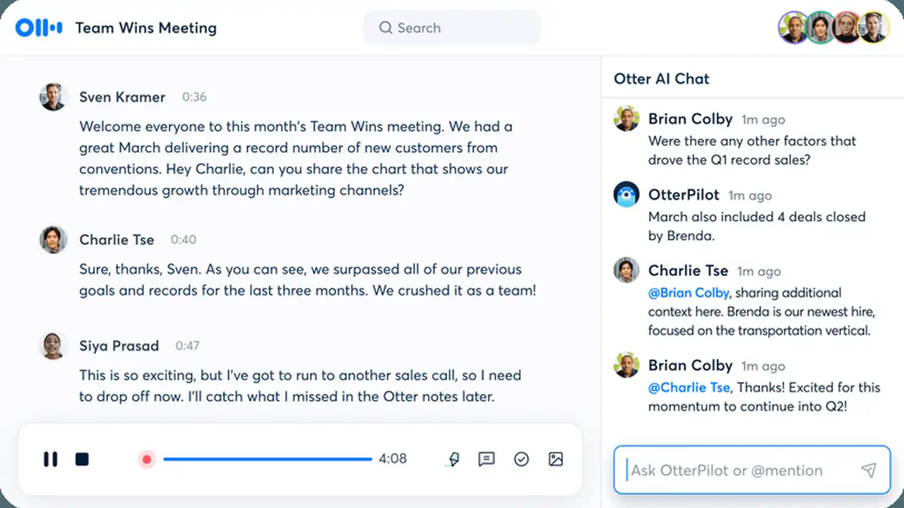 Otter.ai's meeting transcription interface with real-time captions and speaker labels