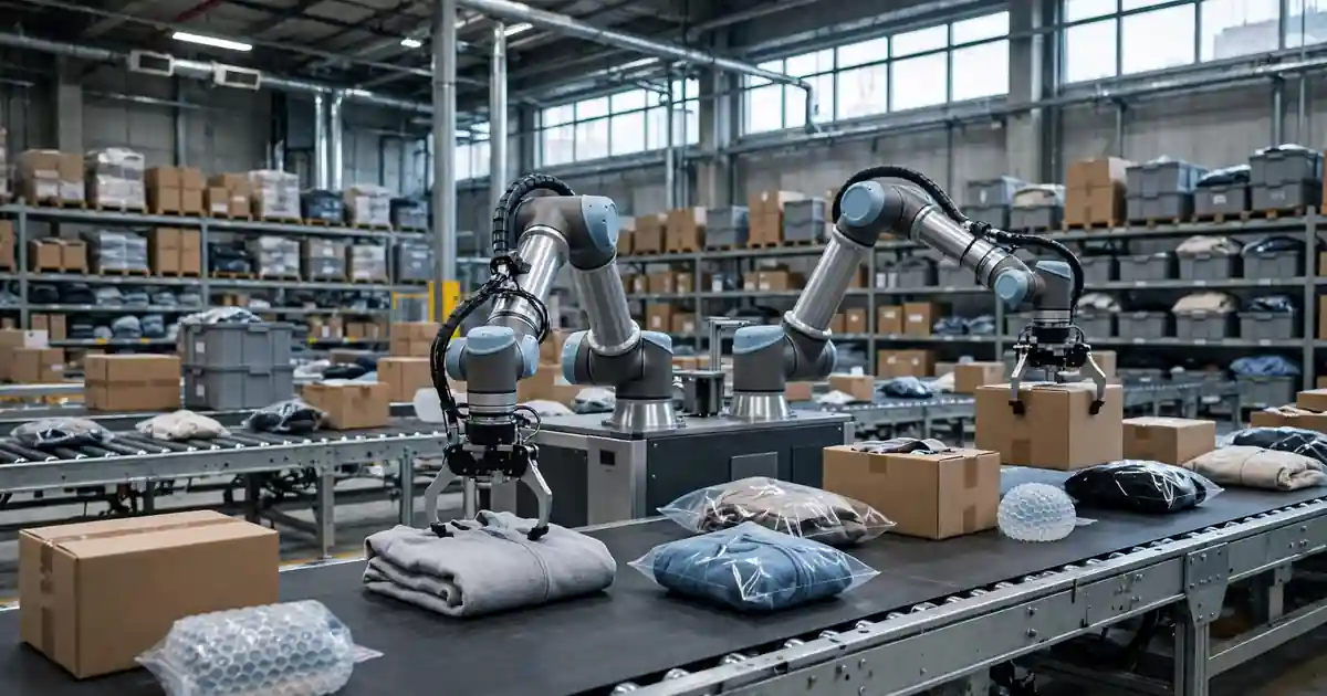 AI-generated editorial illustration of dual-arm robots sorting returned parcels in a warehouse