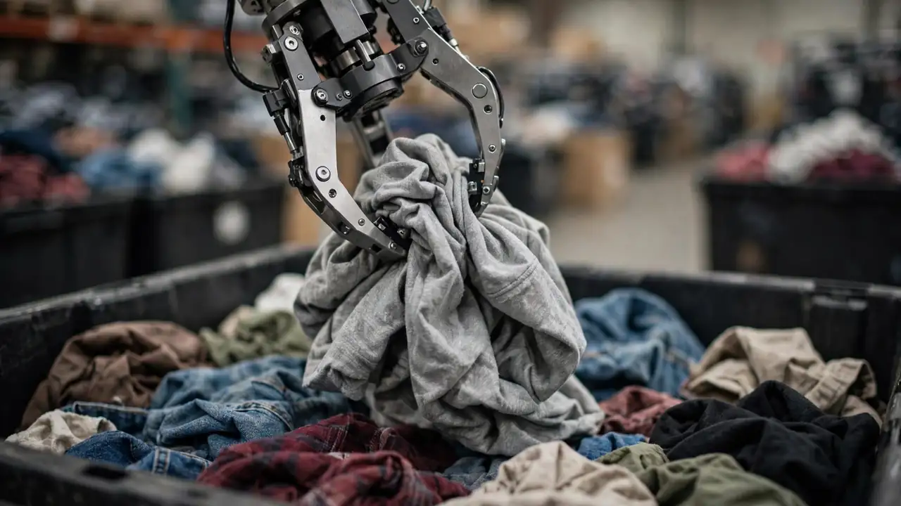 A robotic gripper lifting a crumpled returned garment from a bin of mixed clothing