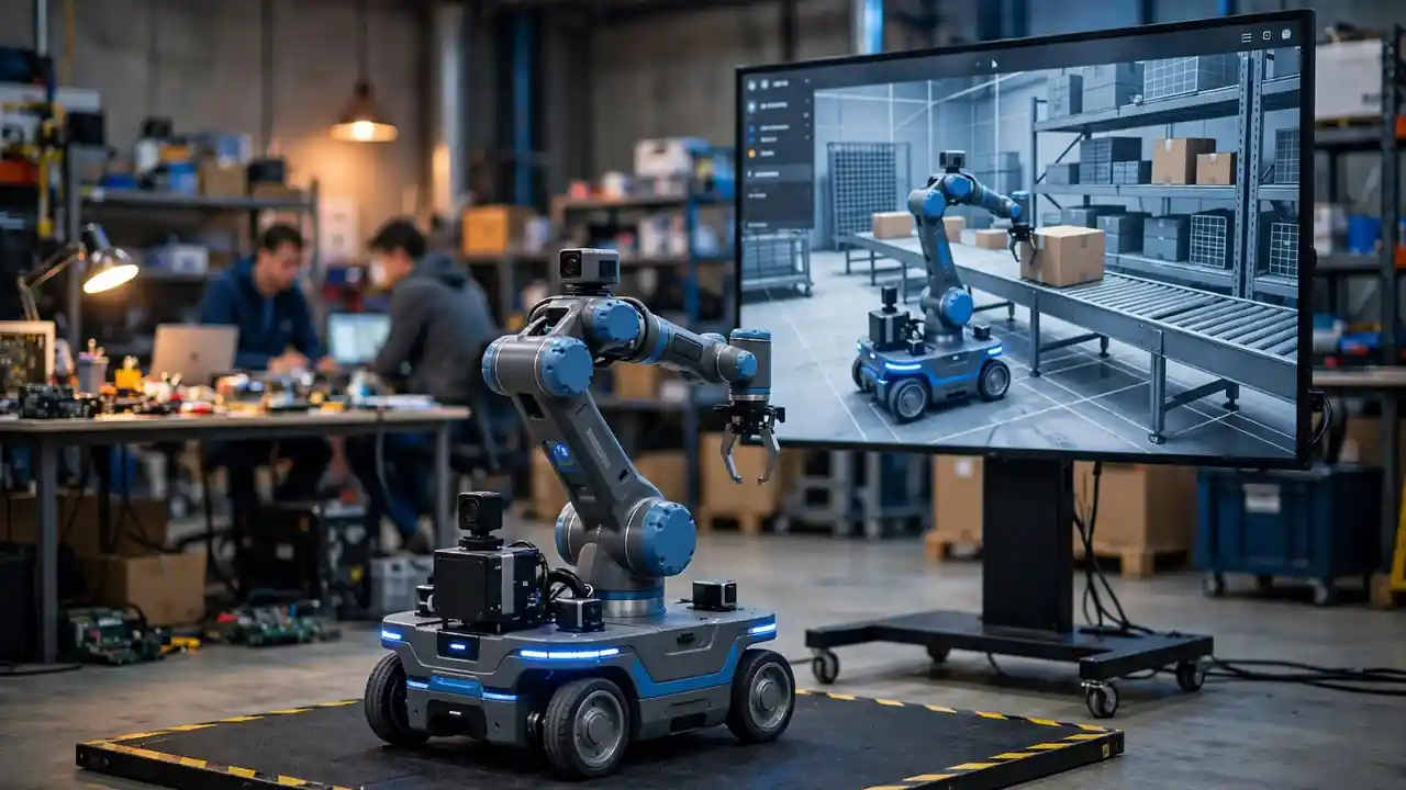 A warehouse robot beside a screen showing its simulated digital twin