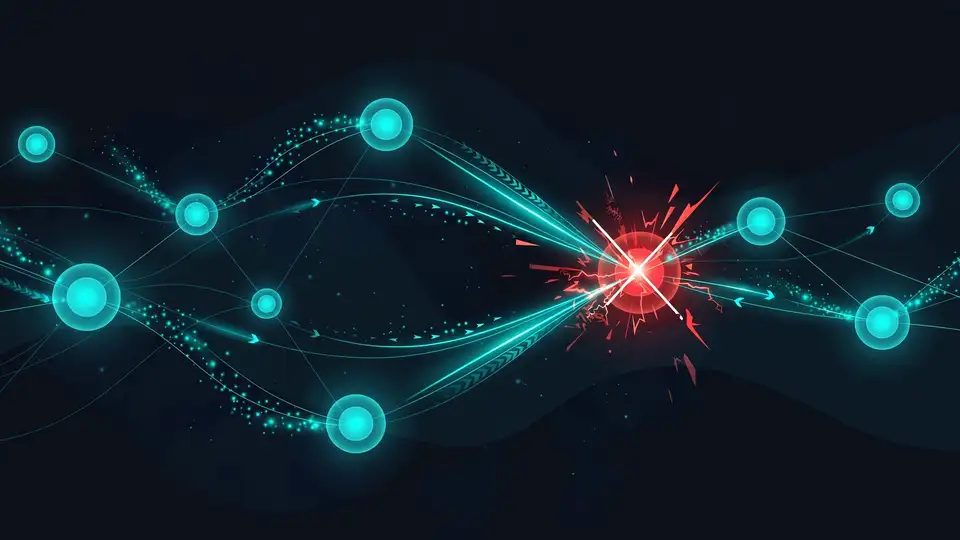 AI-generated illustration of interconnected AI agent nodes, one flashing a conflict marker where workflows collide