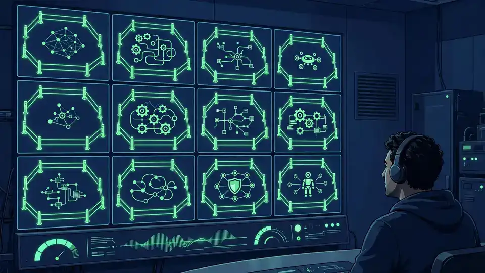 AI-generated illustration of a control room dashboard with policy guardrails around sandboxed AI agent processes