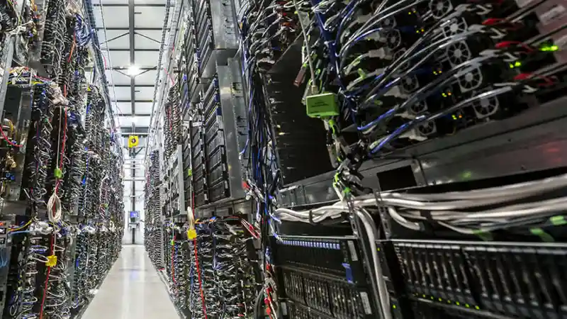 Close view of blue-lit server infrastructure in a European datacenter