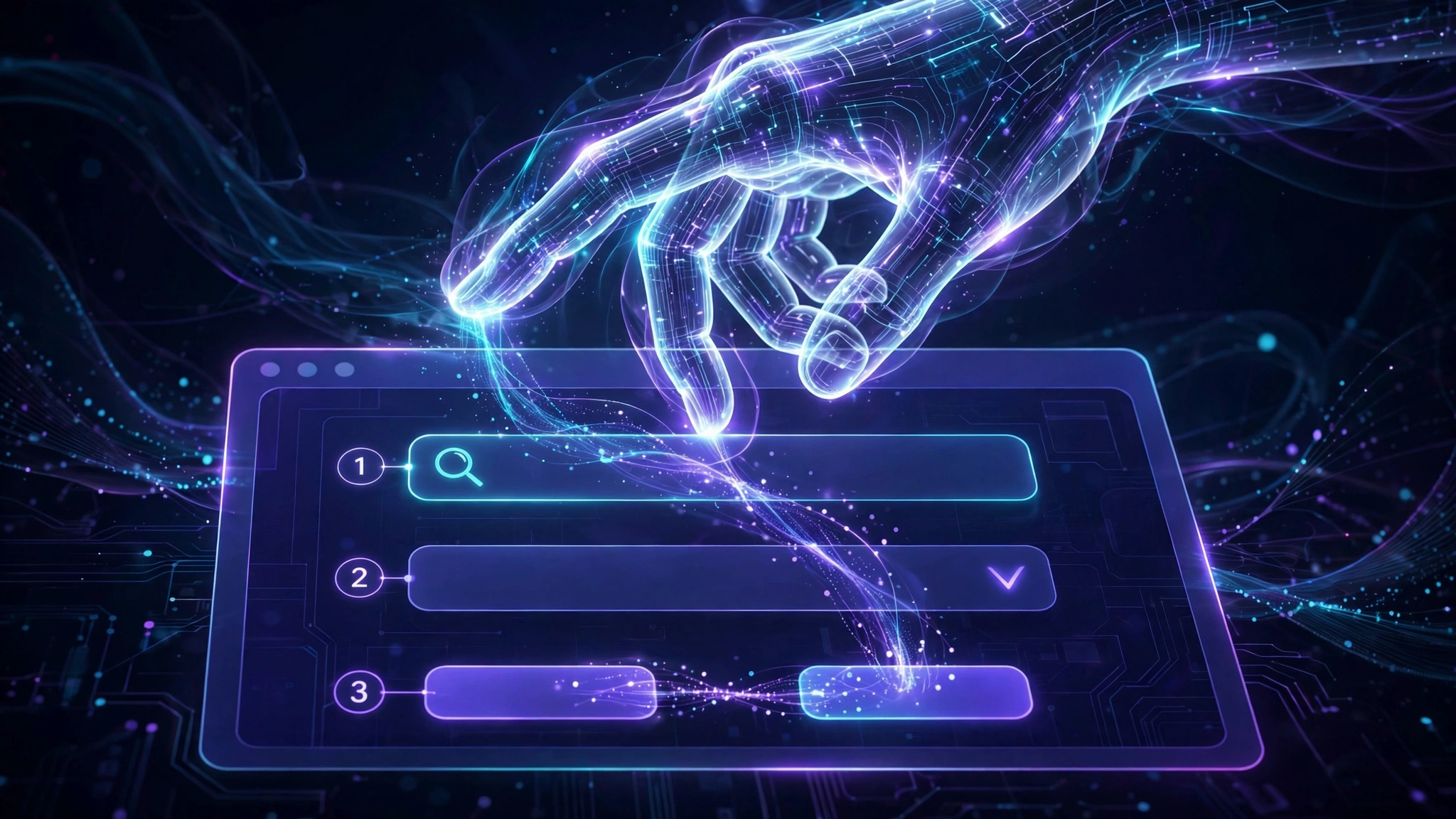 A glowing AI hand made of light touching numbered form fields on a web page, with data streams connecting hand to page