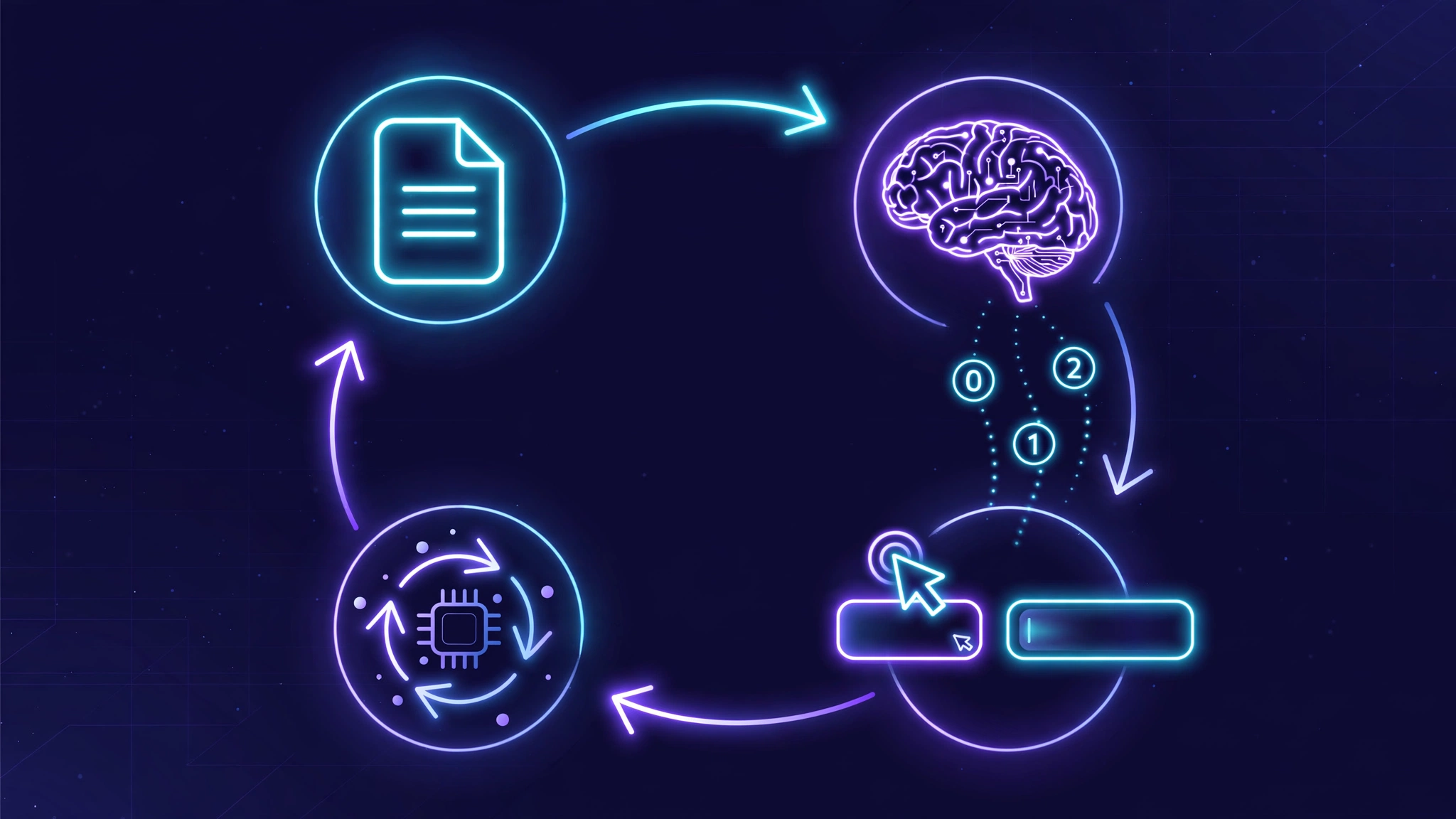 Circular diagram of the Page Agent loop: web page feeds an AI core, which emits numbered actions that click and type on page elements, looping back