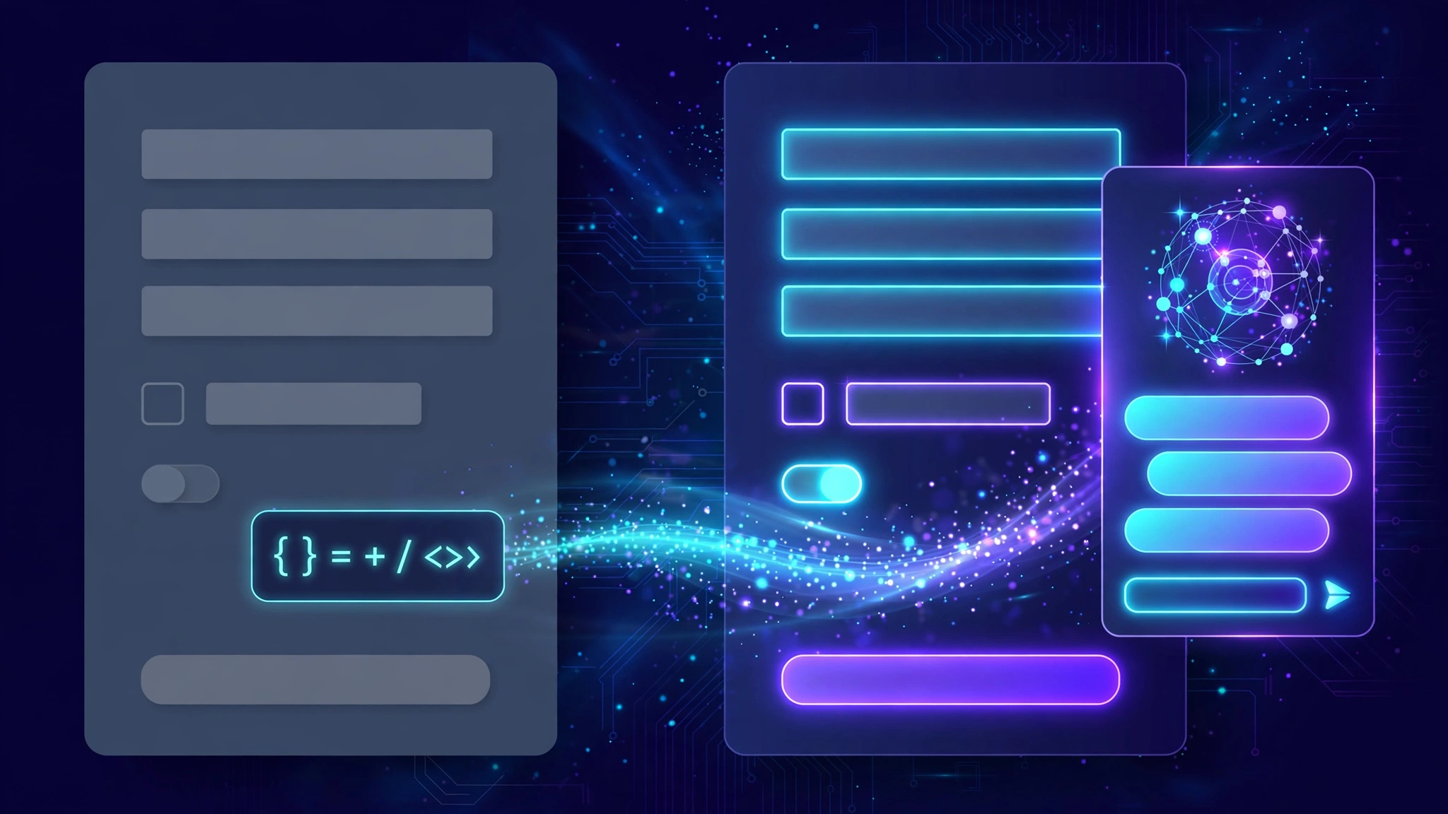 A plain web page on the left transformed into an AI-assisted page on the right, with a chat panel and a stream of light connecting a snippet of code to the panel