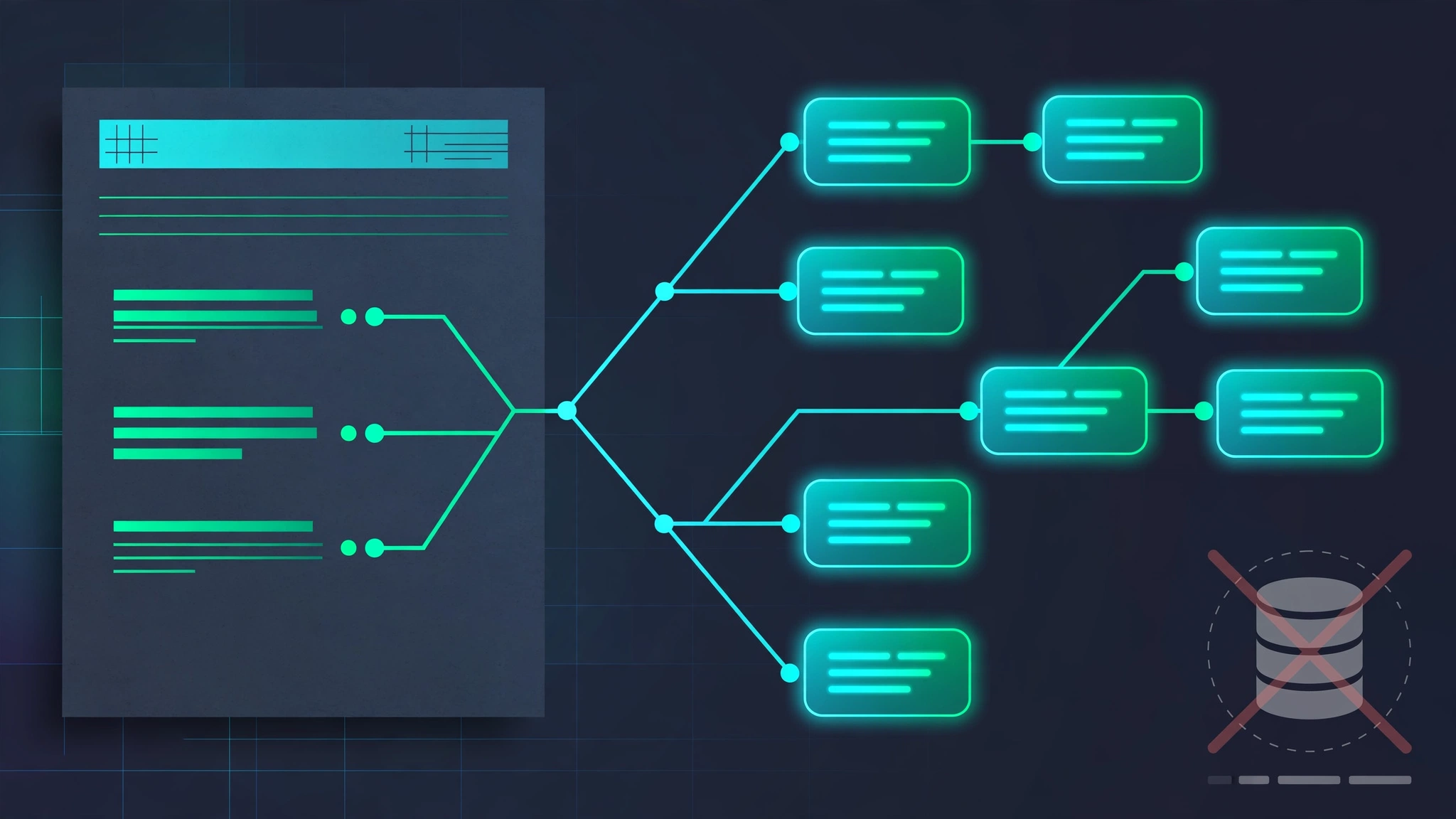 Illustration: a document page unfolding into a branching tree of summary nodes, with a crossed-out vector database icon suggesting retrieval without embeddings