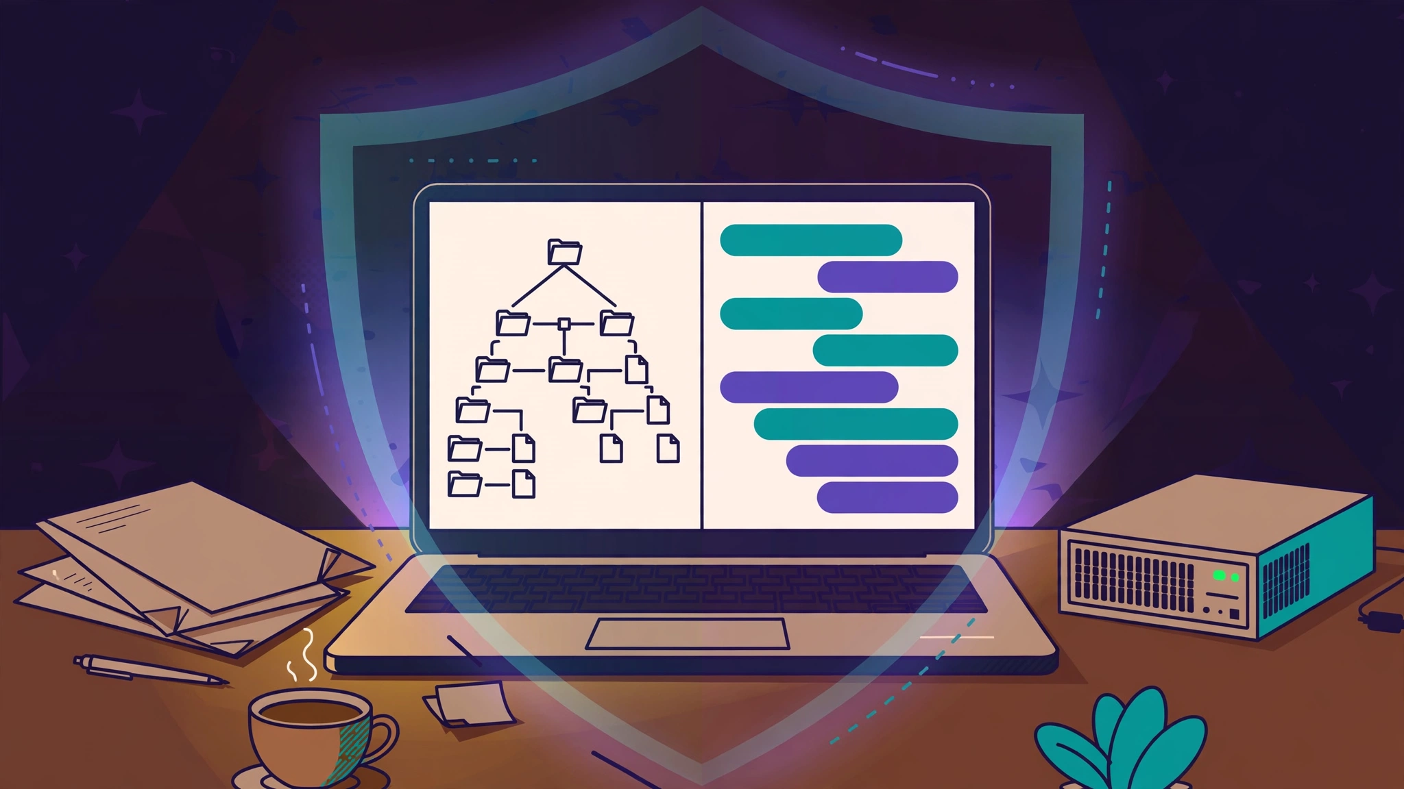 Illustration: a laptop on a desk at night showing a document tree and chat answers, wrapped in a privacy shield glow beside a small local server