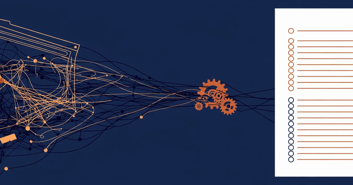 A tangled web page funnelled through orange gears into a clean, tidy document