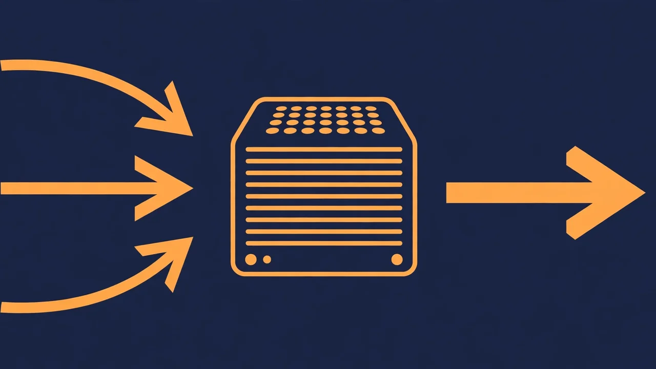 A server box with arrows from a browser, a document and a spreadsheet feeding into it and one clean document coming out