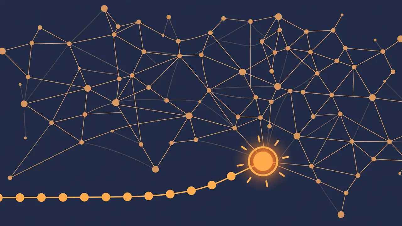 A web of connected site nodes with one glowing node being visited, like a polite crawl working through a site
