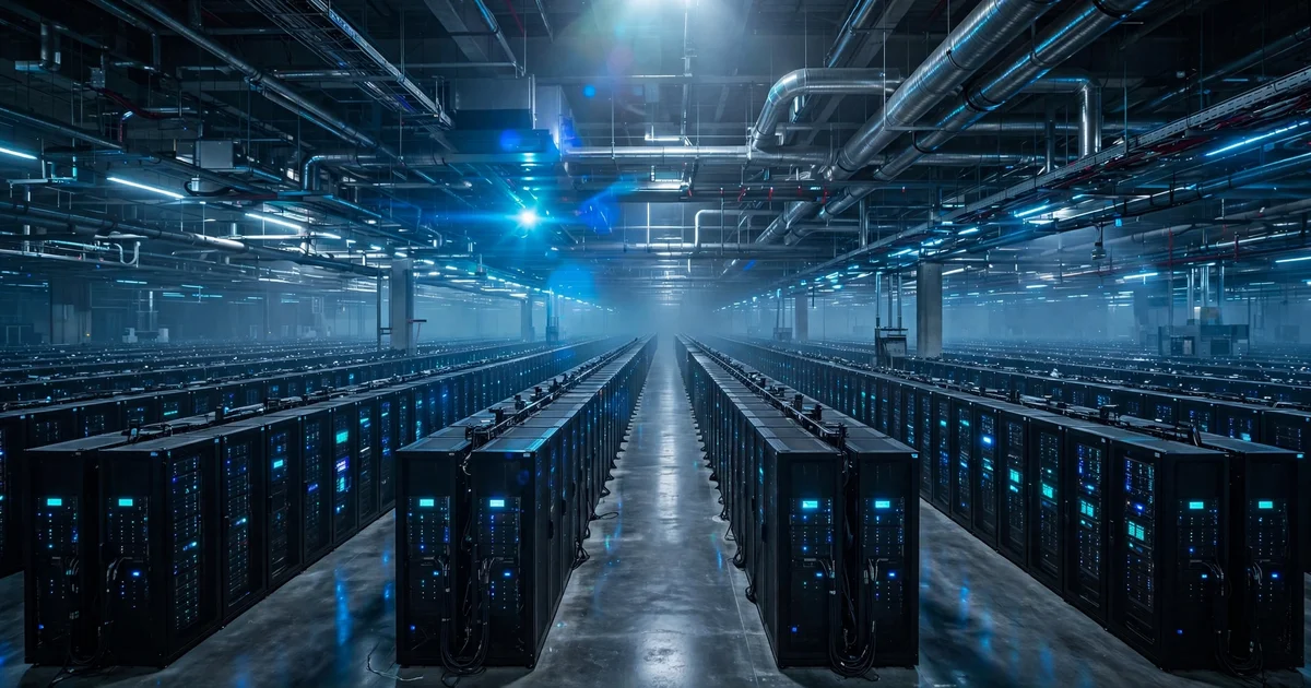 A vast AI data center hall with rows of GPU server racks glowing blue
