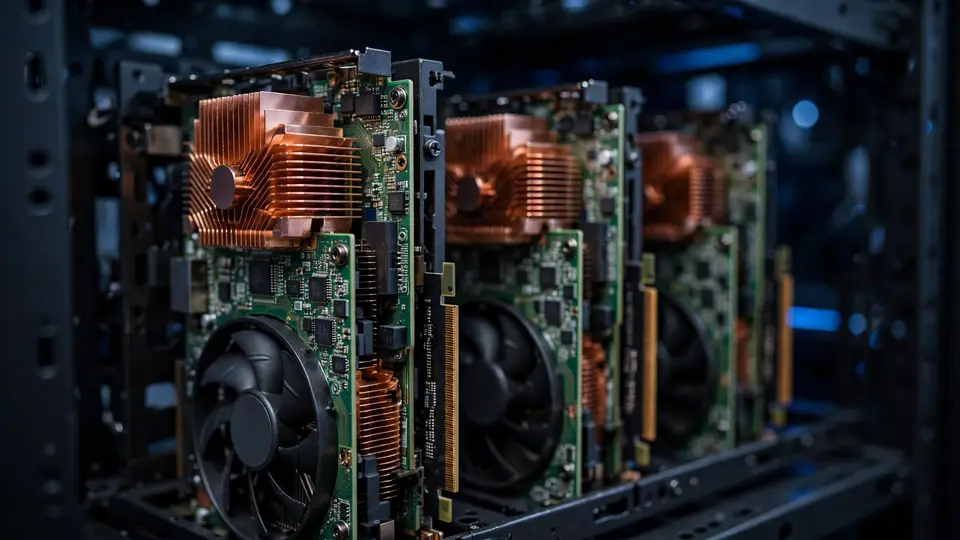 GPU accelerator cards with copper heat sinks slotted into a server chassis