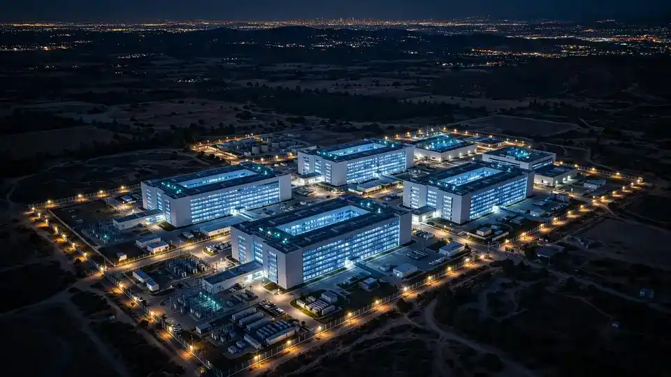 An illuminated hyperscale data center campus at night