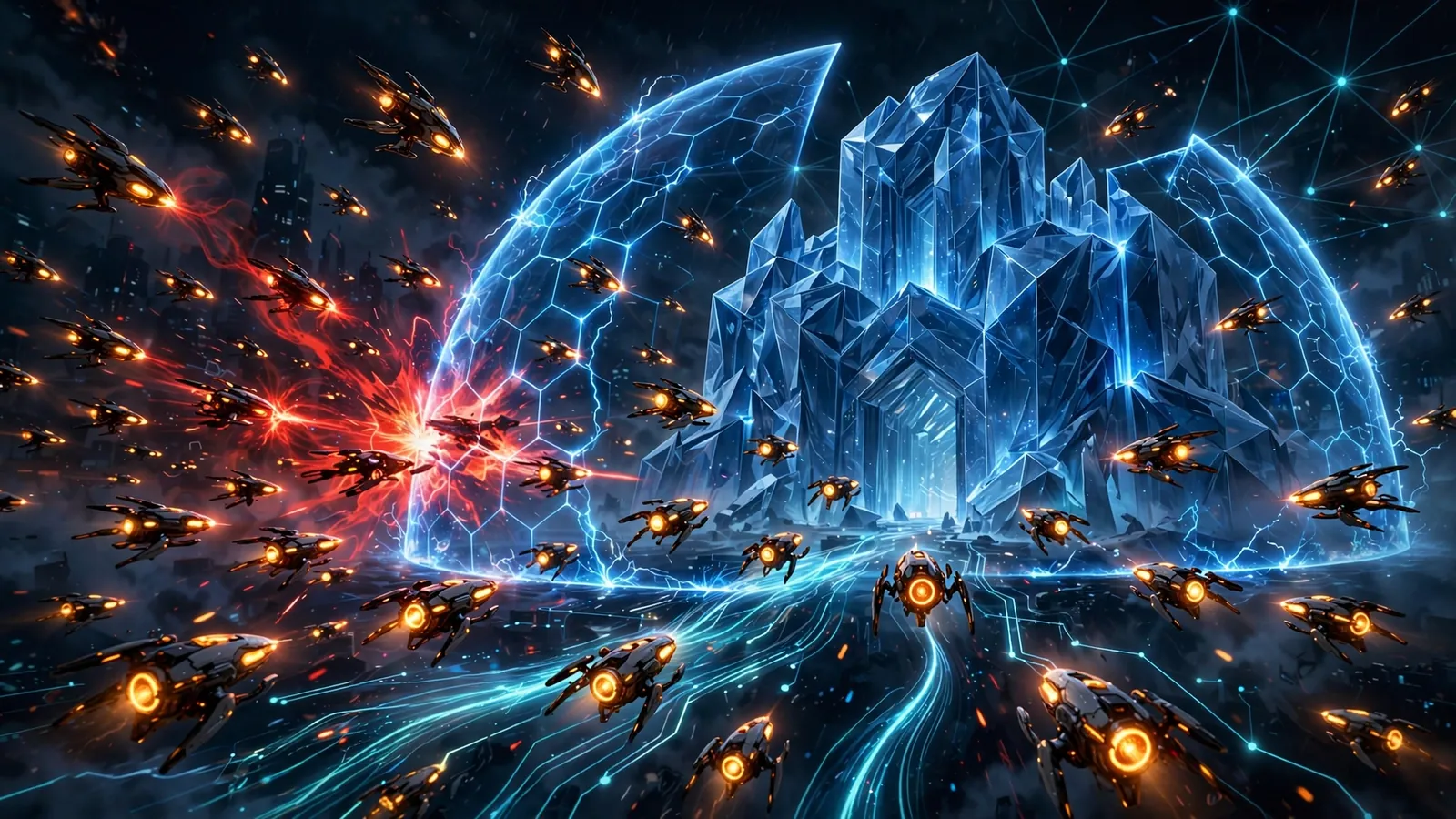 Editorial illustration of glowing amber AI probe agents swarming a crystalline blue corporate fortress protected by a hexagonal energy dome at night