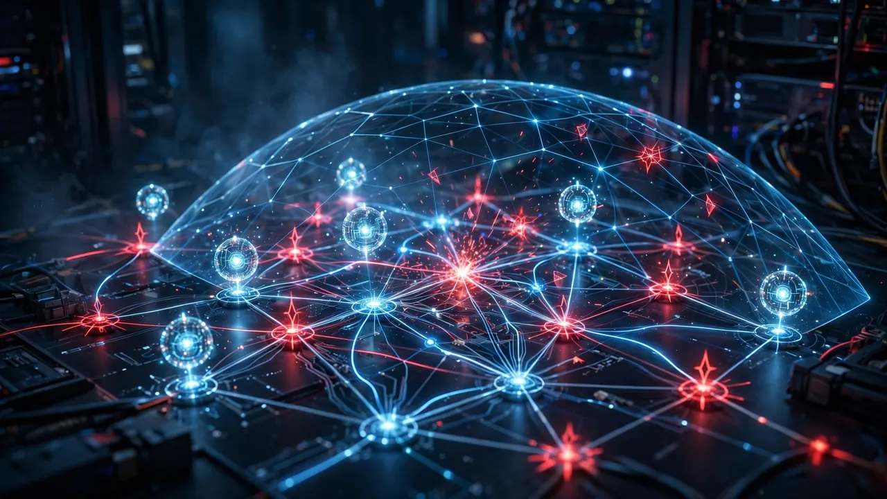 Editorial illustration of luminous AI agent orbs probing nodes of a network topology under a translucent blue shield grid, with red vulnerability markers