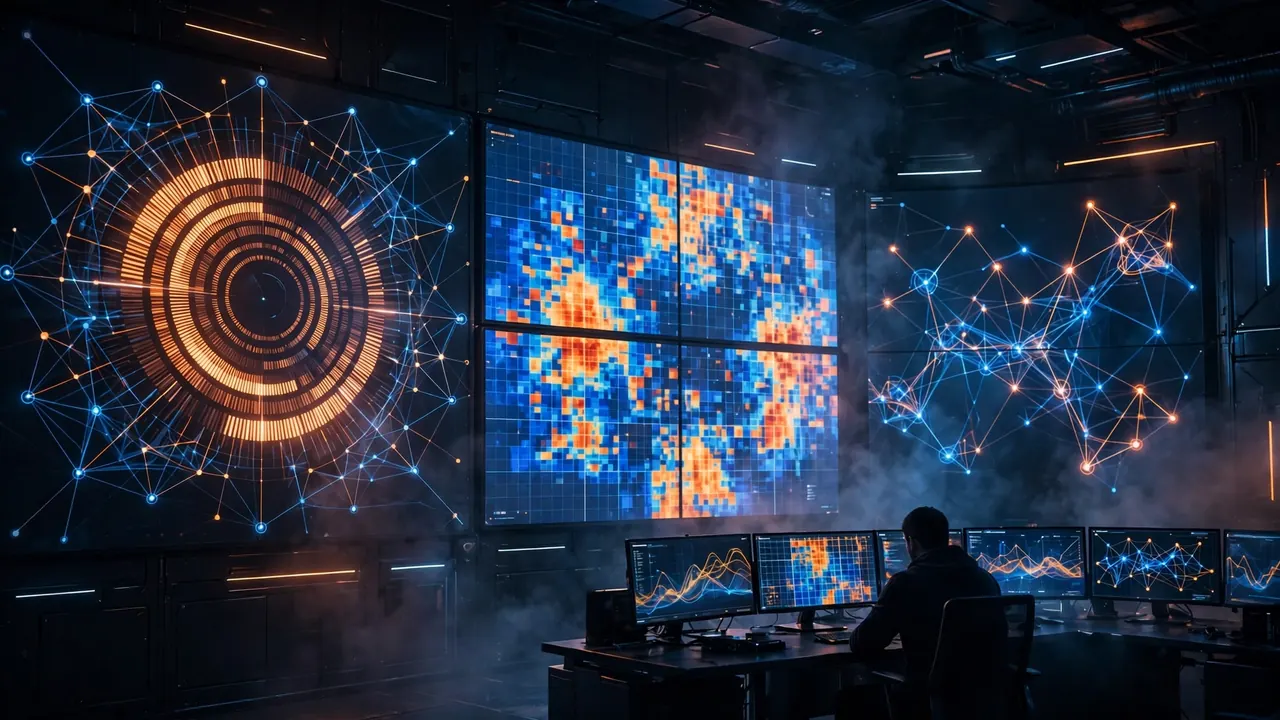 Editorial illustration of a security operations center with wall-sized dashboards tracking continuous automated penetration tests and exposure heat maps