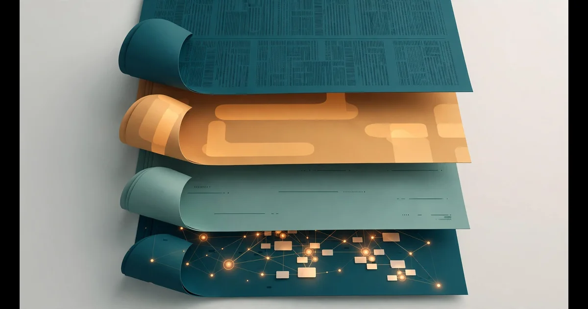 Stacked paper layers folding from dense text down into a glowing map of section cards