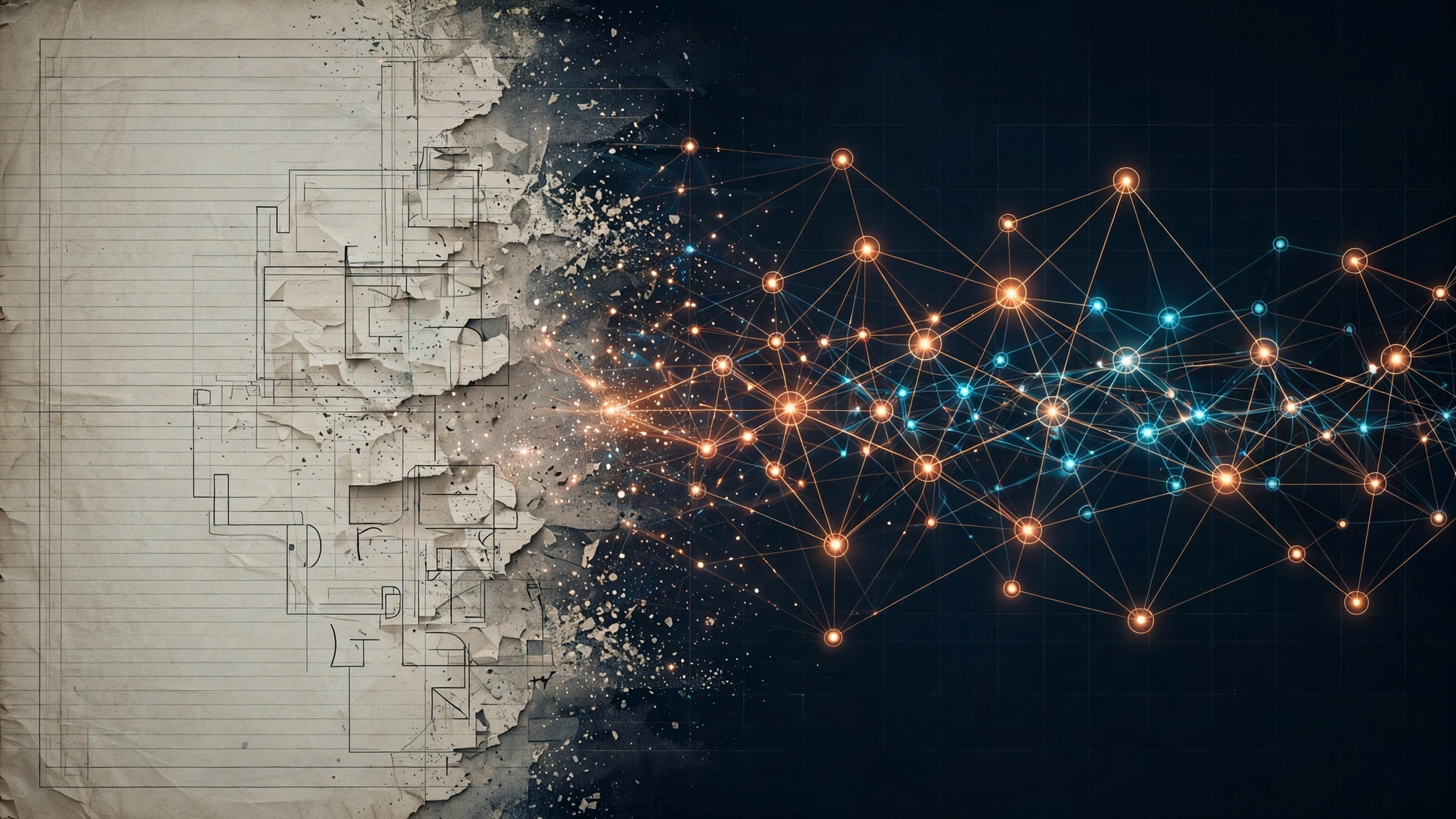Editorial illustration: a mathematical manuscript page dissolving into a glowing network graph of theorem nodes and proof-evidence edges