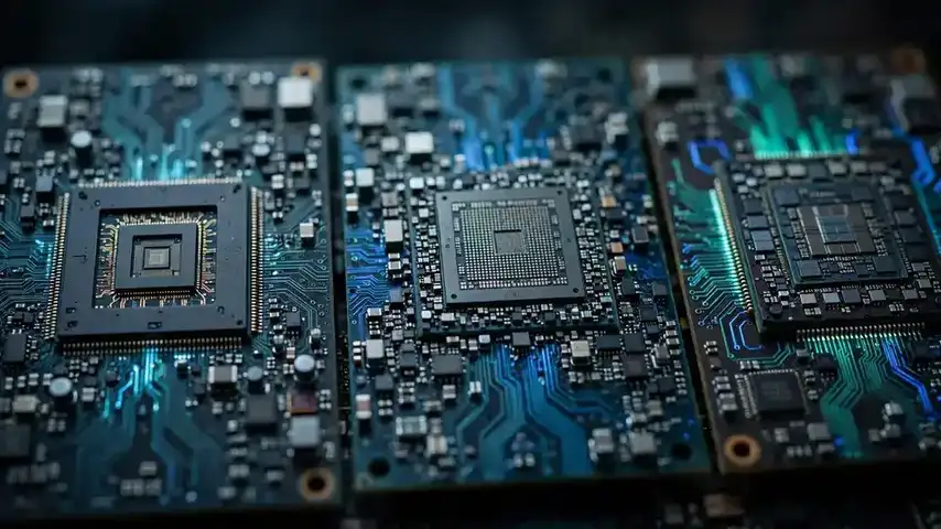 AI-generated close-up of several different AI accelerator chips on circuit boards