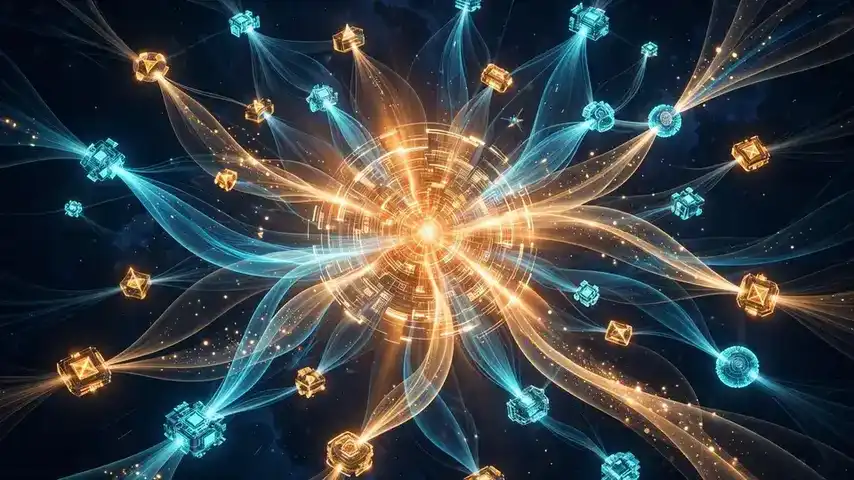 AI-generated abstract illustration of compute nodes linked by light streams into a unified hub