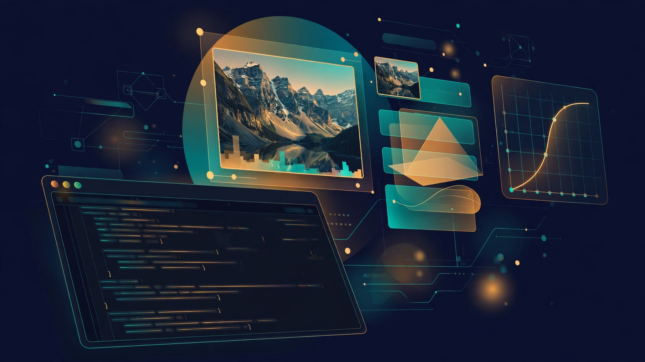 Illustration of a photo being color-graded by a terminal-driven editor, with layers panels and a curves graph floating around it