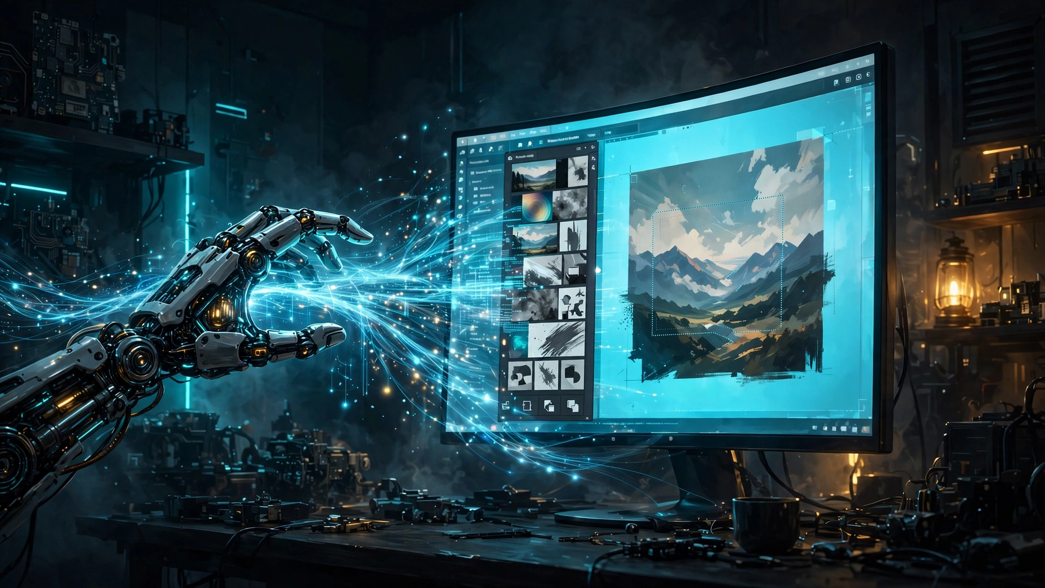 Illustration of a robotic hand streaming glowing code into a large monitor showing a photo-editing workspace