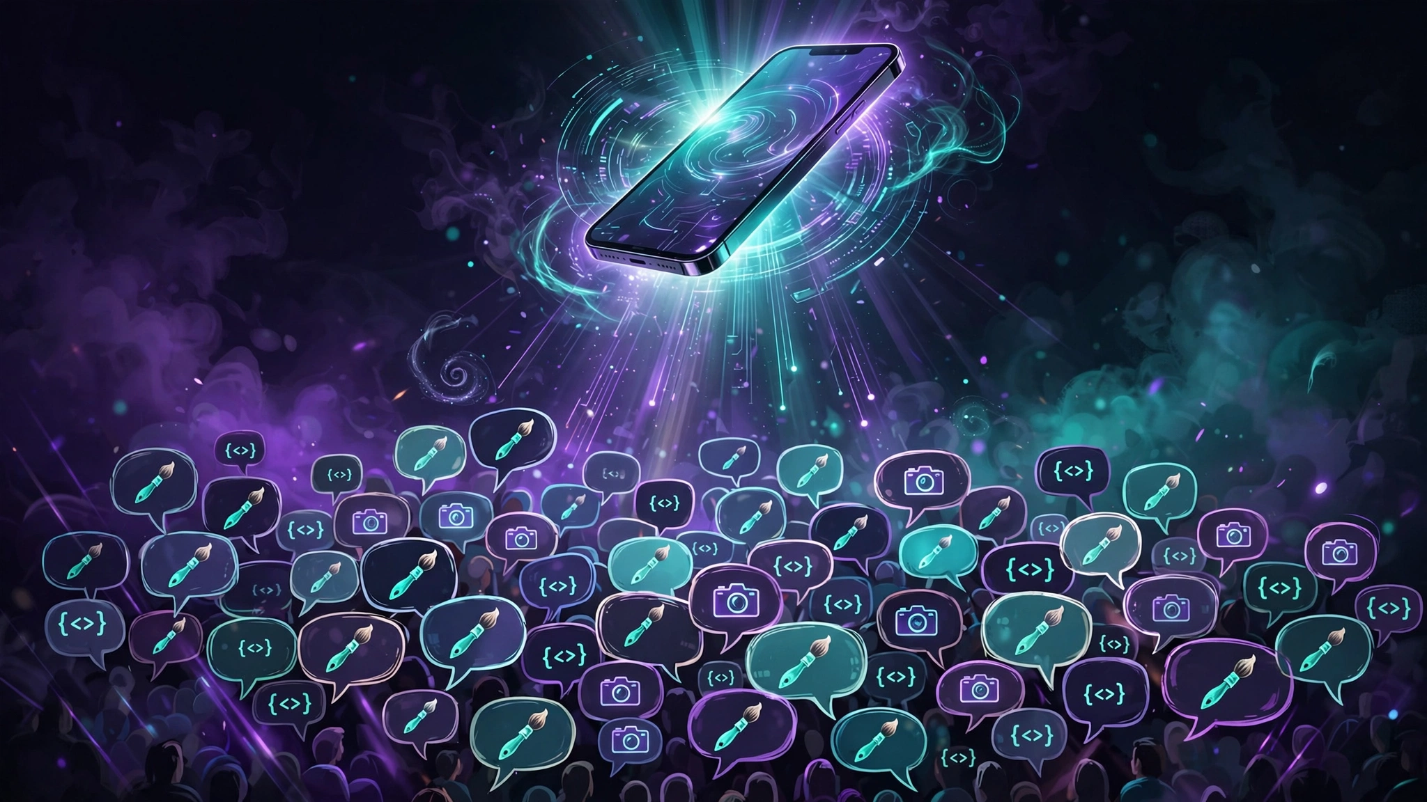 Illustration of a glowing smartphone above a crowd of speech bubbles holding paintbrush, camera and code icons