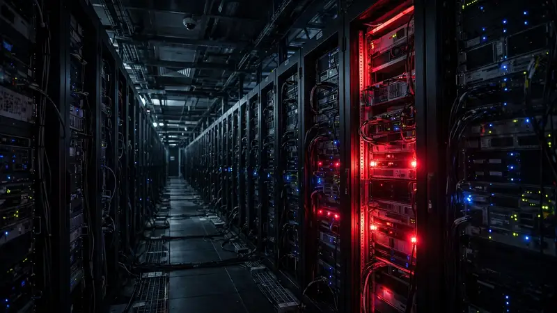 A dark data center aisle with rows of server racks, one glowing red with warning lights