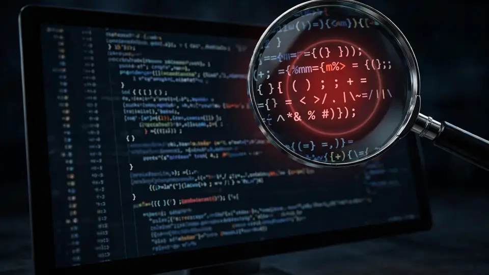 Close-up of source code on a monitor with a magnifying glass revealing a highlighted vulnerability
