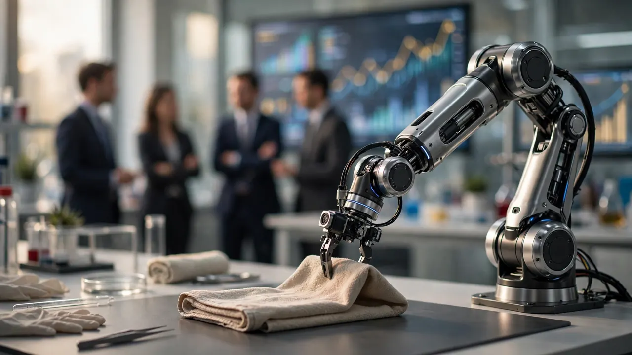 A robot arm folding a towel in a laboratory, with business people and a rising chart blurred in the background