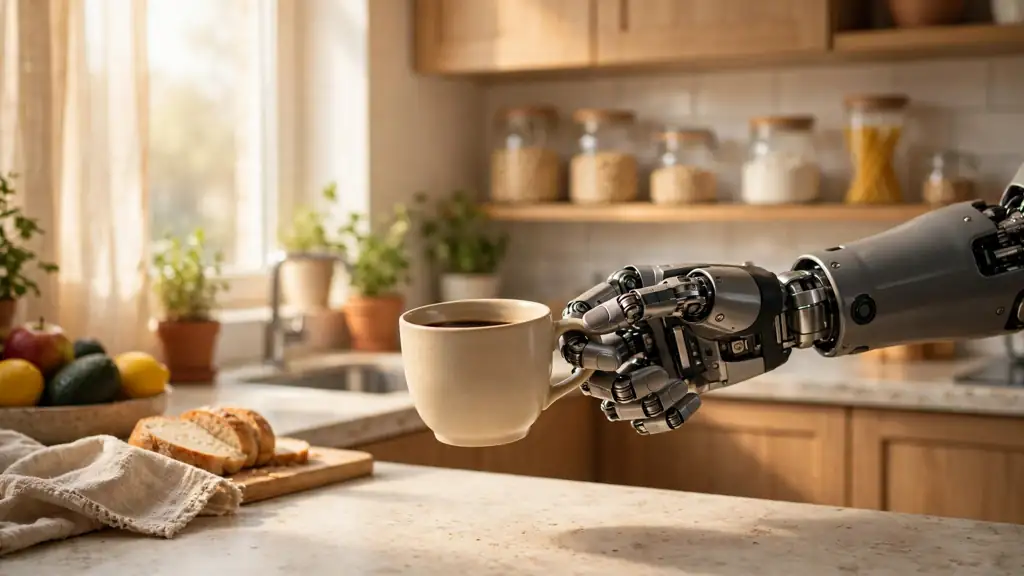 A robotic hand holding a coffee cup in a bright home kitchen