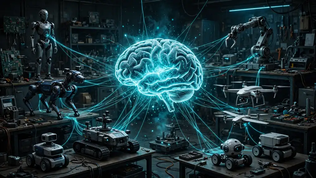 Many different robots connected by glowing threads to one central glowing brain in a workshop