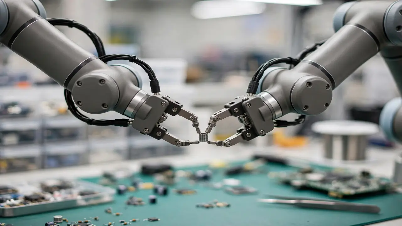 A dual-arm collaborative robot on an electronics assembly bench delicately handling a small metal part