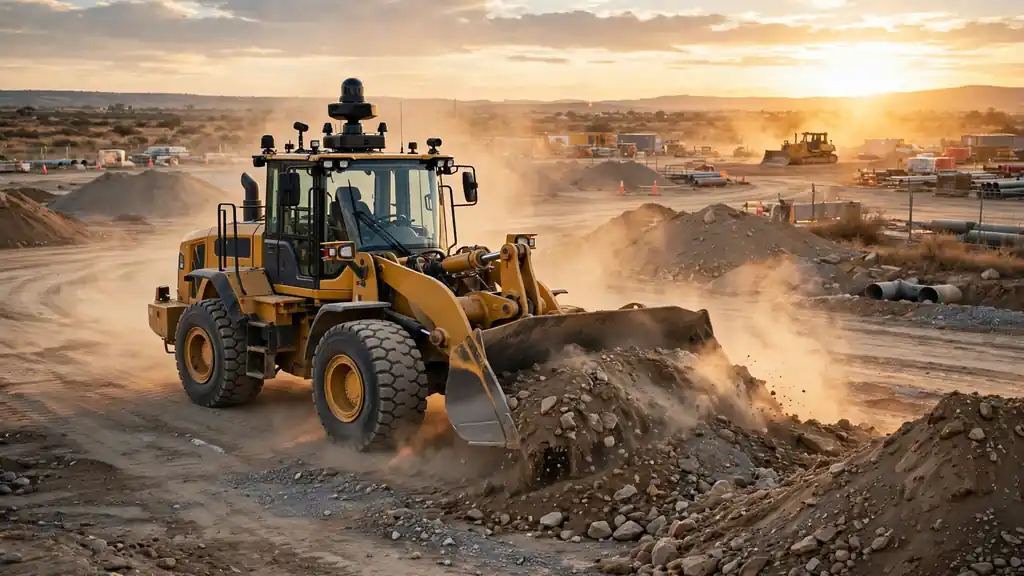 An autonomous wheel loader scooping material at a construction site with no operator inside the cab