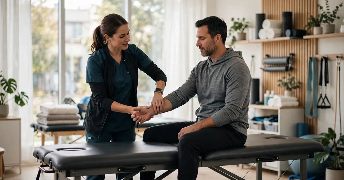 A physiotherapist guiding a patient's arm movement in a bright modern physical therapy clinic.