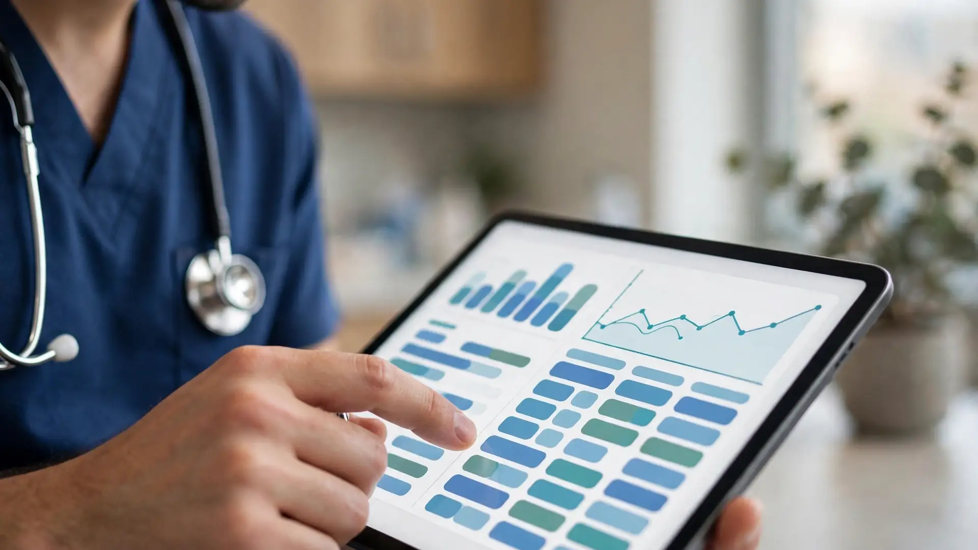 A clinician reviewing an electronic medical record on a tablet in a modern medical office.