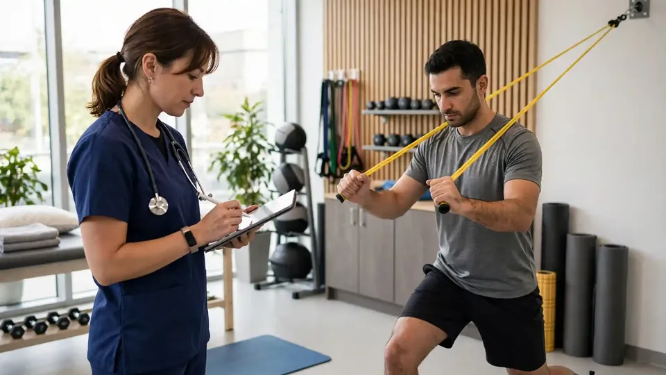 A physiotherapist recording notes on a tablet while a patient does a guided exercise with a resistance band.
