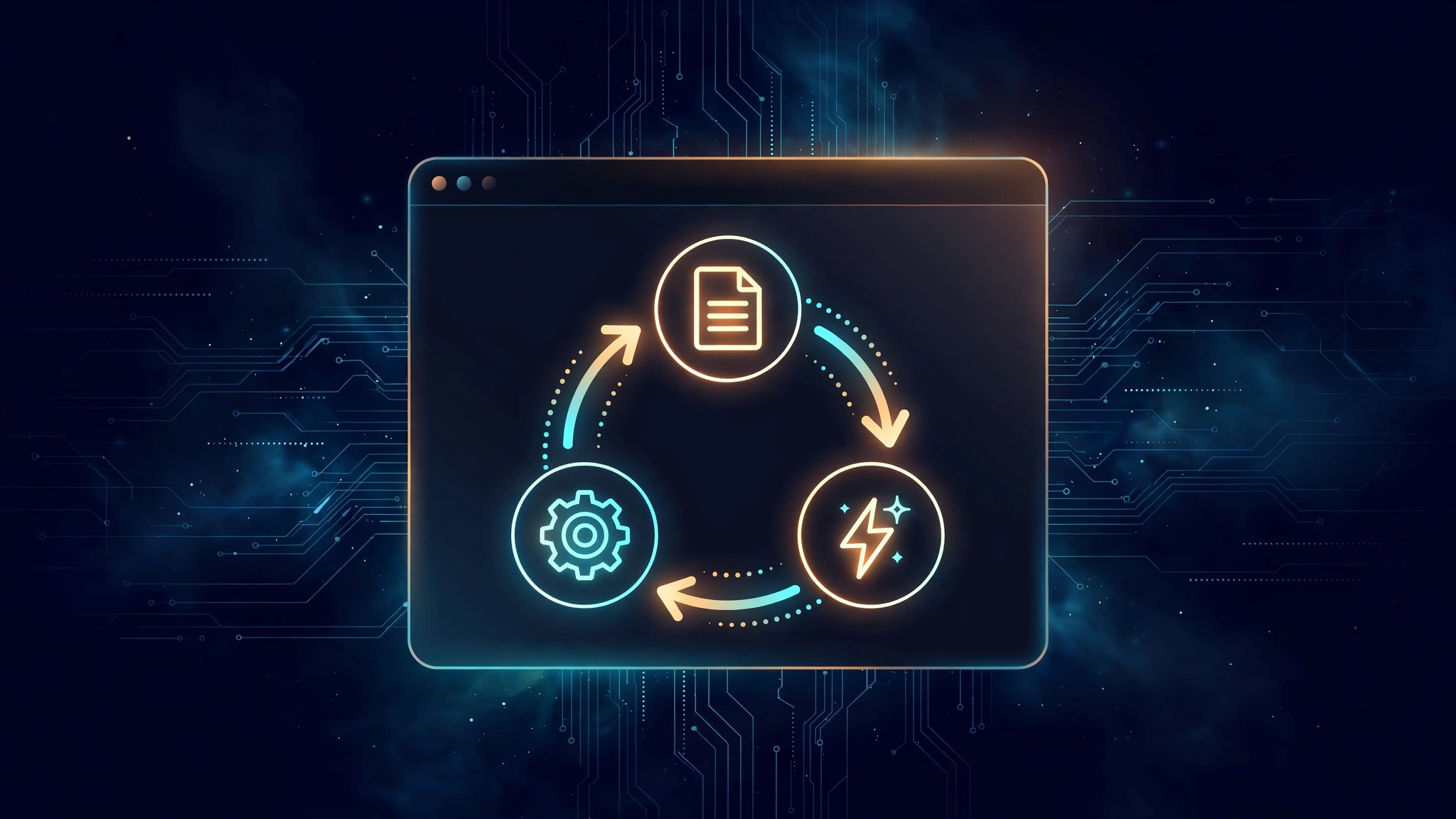 Terminal window with a glowing agent loop: document, gear, and spark nodes connected by circular arrows, on a dark navy circuit background
