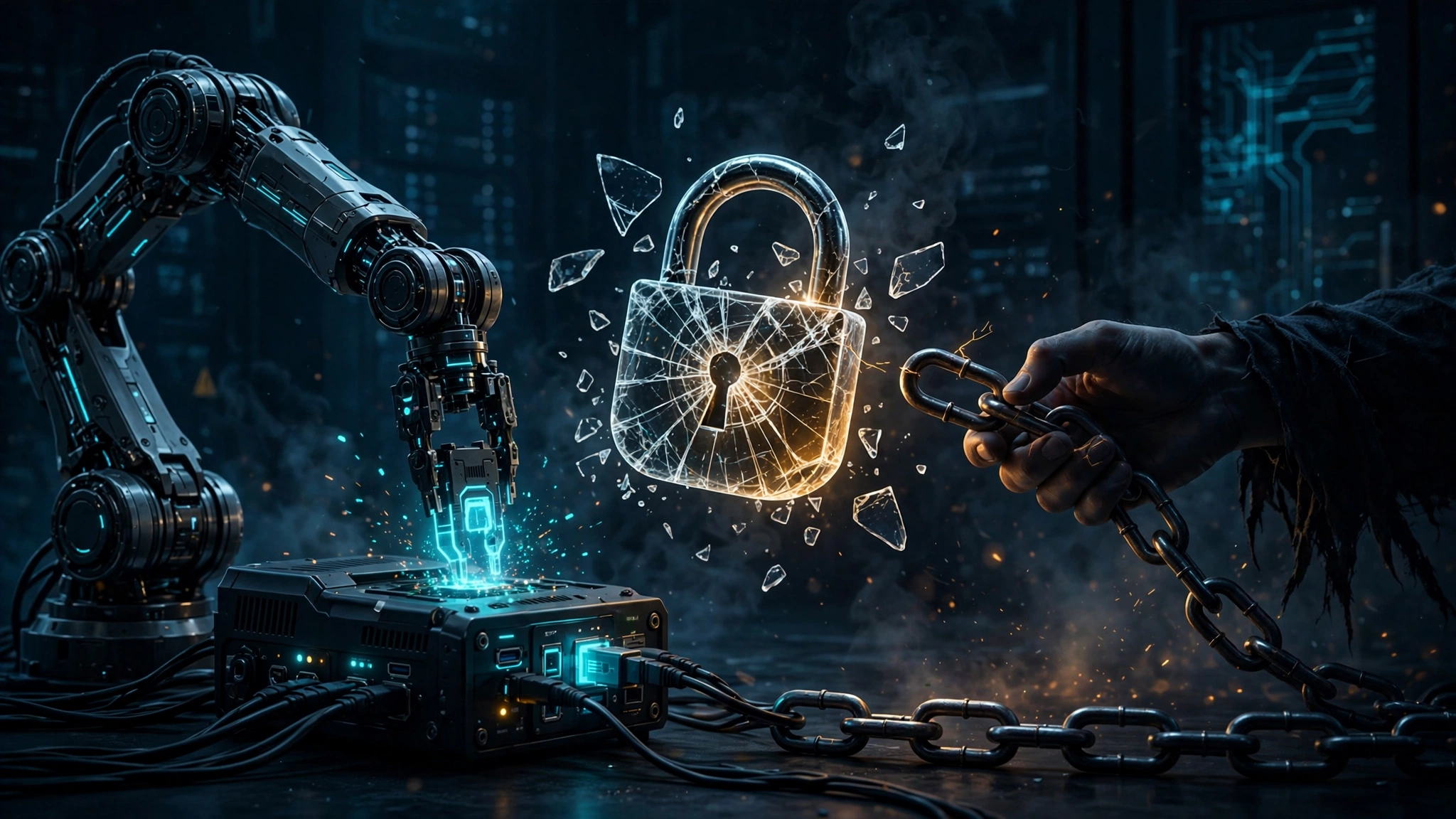 A robot arm over a cracked glowing padlock while a hand swaps one chain link for another, illustrating the Plugin4Shell SHA-pinning bypass