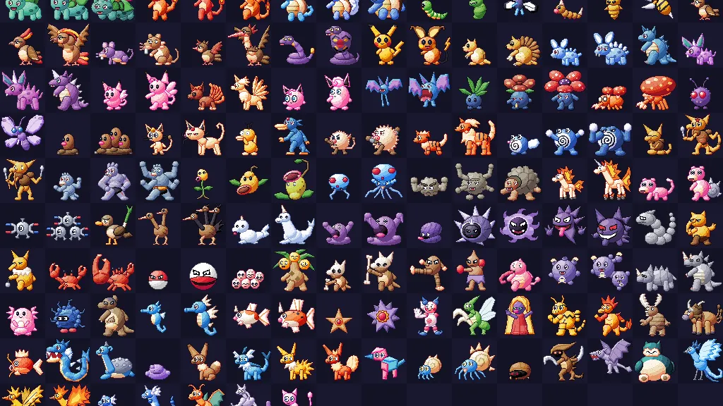 All 151 original Pokémon drawn as procedural pixel art by code, a grid of colorful sprites on a dark background