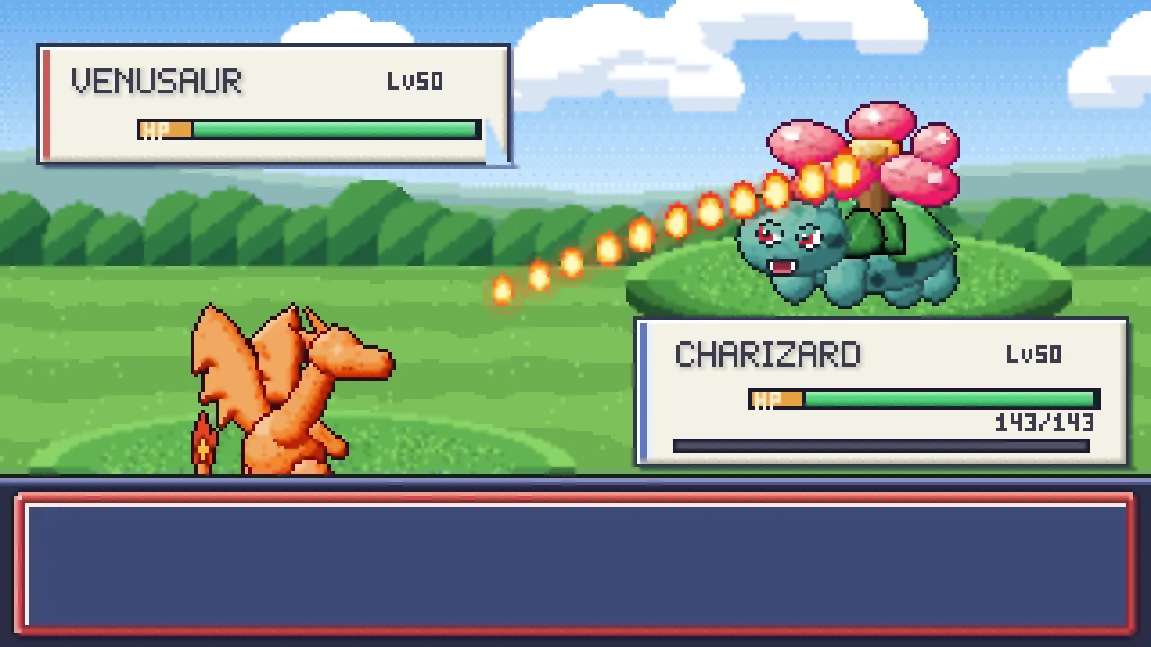 A battle scene in Pokémon Claude Red: Charizard uses Flamethrower against Venusaur