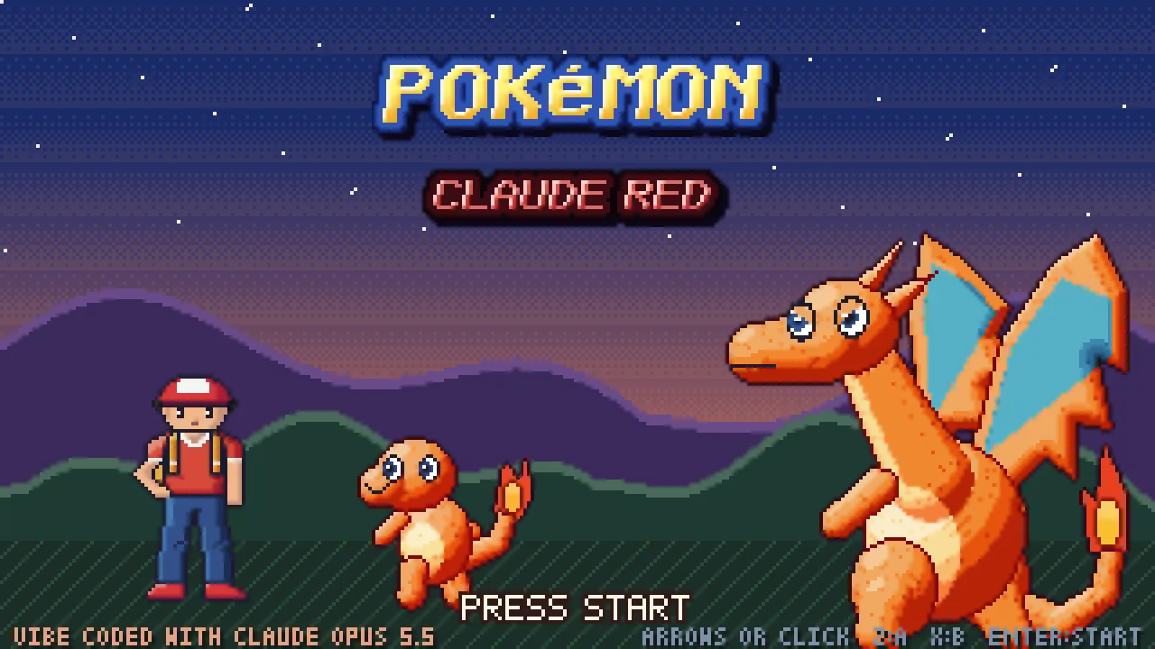 Pokémon Claude Red title screen with a trainer, Charmander and Charizard drawn entirely in code
