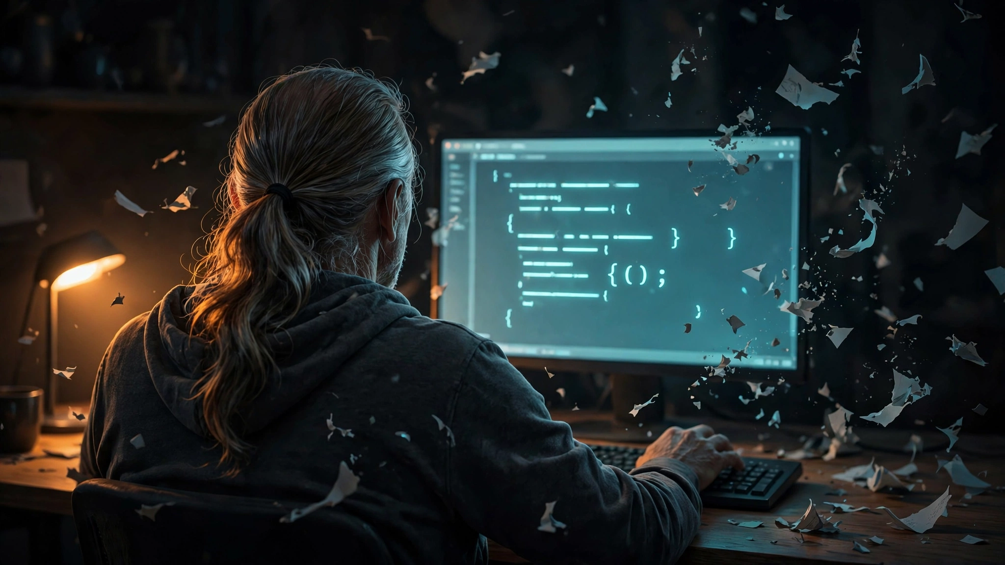 A senior developer with a long ponytail at a desk, terminal glowing with a few lines of code, scraps of deleted code floating away