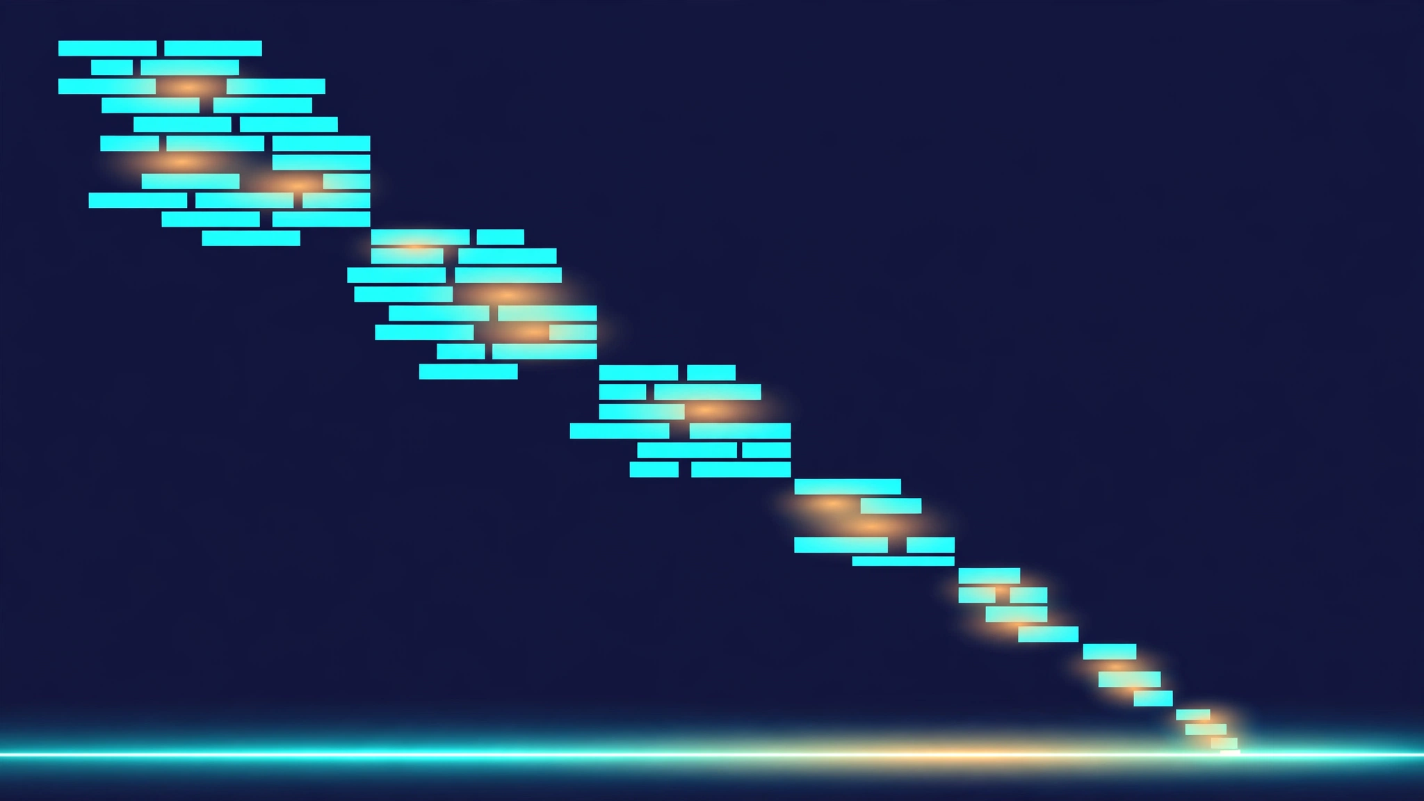 Abstract illustration of a seven-step staircase of glowing code blocks collapsing into a single bright line of code