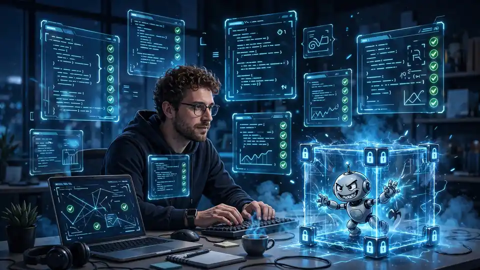 An engineer surrounded by terminal windows while a cartoon AI robot strains against a locked training sandbox cube.