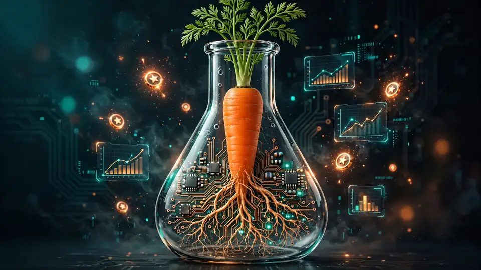 A carrot sprouting circuit-board roots in a laboratory flask, surrounded by glowing reward tokens and evaluation graphs.